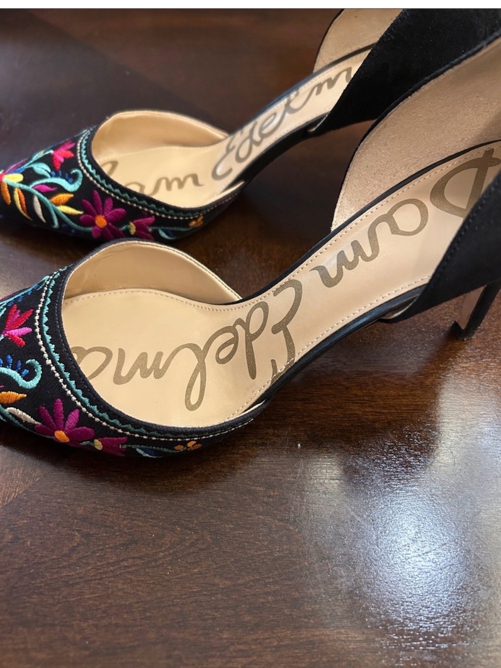 Sam Edelman Black Pointed-Toe D'Orsay Heels with Multicolor Floral Embroidery - Picture 3 of 8